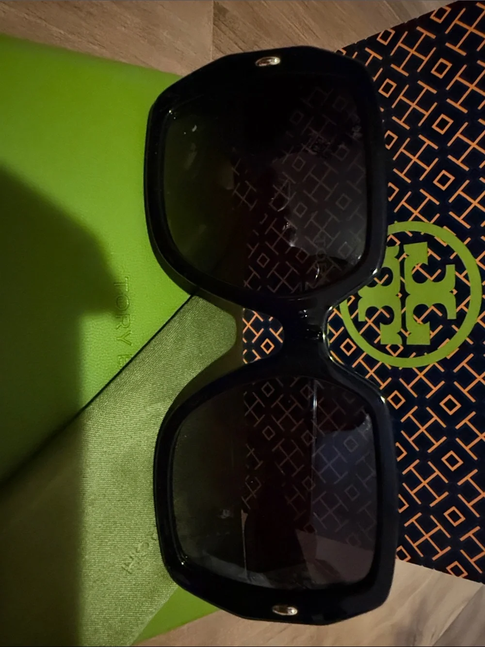 Tory Burch Glossy Black Oversized Square Sunglasses with Lime Green Case